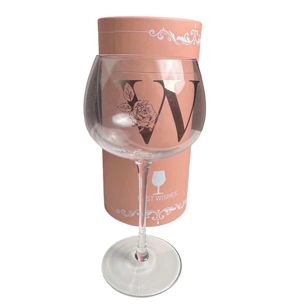 Monogram Letter W Rose Wine Glass with Best Wishes Peach Gift Tube 9 Inch